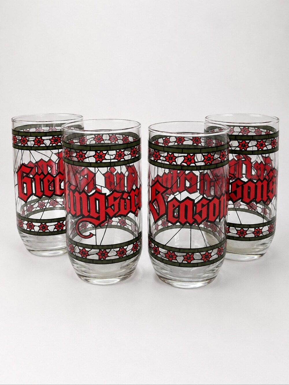 Vintage Houze Christmas Holiday Highball Glasses Set 4 Season's Greetings